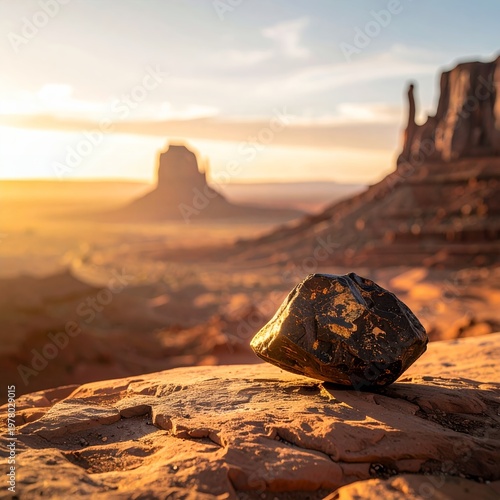 Sunrise over Monument Valley with a prominent rock in the foreground.