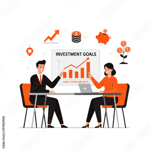 A businessman and woman discussing investment goals and long-term growth strategies in a modern office setting.