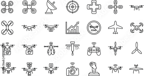 Collection of modern drone and aviation technology icons featuring quadcopters, cameras, controllers, flight zones, aerial monitoring, and advanced unmanned aircraft systems
