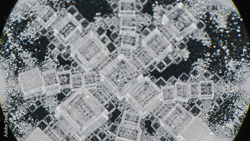 Microscopic salt crystals forming geometric patterns on dark background, science macro view.