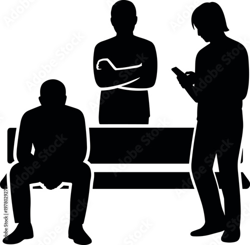 Group of people with smartphone and sitting silhouette minimal black vector illustration for social behavior communication and digital lifestyle concept use