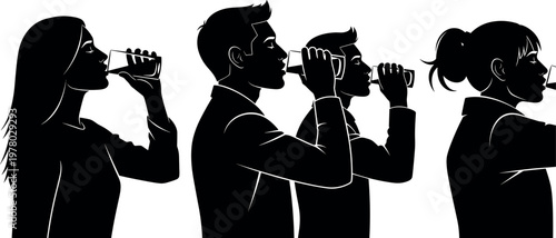 People drinking water silhouette set with men and women hydration healthy lifestyle vector illustration isolated background