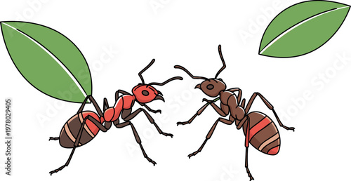 Leafcutter ants carrying leaves illustration with detailed cartoon insects teamwork nature vector isolated background