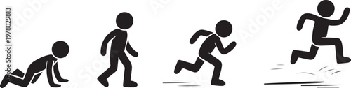 Black stick figure showing progression from crawling to walking and running fast