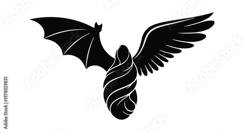 Mysterious figure with bat wings and angel wings against a white background, symbolizing duality and transformation.