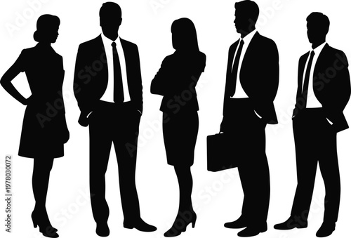 Group of business professionals silhouettes standing together in formal attire, corporate team concept, diverse office workers isolated on white background, leadership and teamwork concept
