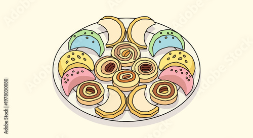 Assorted moon-shaped sugar cookies and cinnamon rolls on a plate in a colorful illustration perfect for dessert concepts