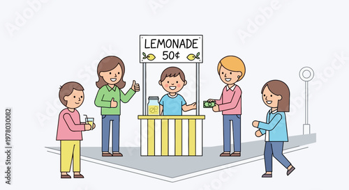Boy selling lemonade at outdoor stand to customers in cartoon vector illustration of small business entrepreneurship and street commerce