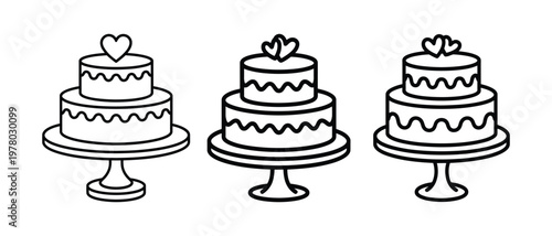 Threetiered wedding cakes with heart toppers on cake stands, vector illustration