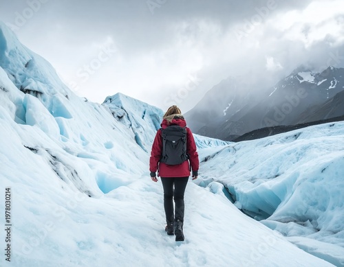 Woman Hiker Exploring Majestic Glacier Landscape.