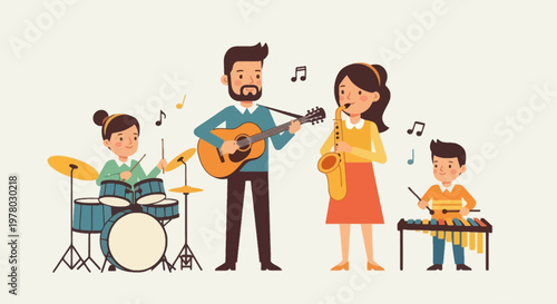 Cheerful family of four playing musical instruments in a cartoon style illustration vibrant and fun dad with guitar mom with saxophone kids with drums and xylophone