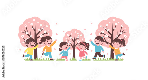 Cheerful children playing outdoors near blooming cherry trees in a cute cartoon style illustration enjoying spring season with pink flowers and grassy field