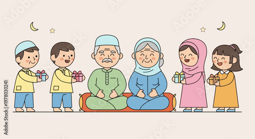 Children present gifts to grandparents in a warm cartoon illustration symbolizing family love and tradition on Eid al-Fitr