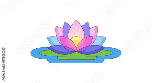 Colorful lotus flower vector illustration on a pond; tranquil and vibrant water lily design with pastel pink purple and blue petals