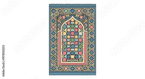 Colorful prayer rug illustration featuring geometric Islamic designs and arched niche perfect for Ramadan and Eid al-Adha designs