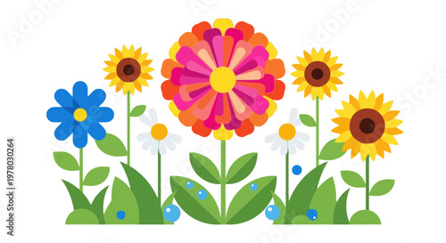 Cheerful vector garden scene featuring colorful sunflowers daisies and whimsical flowers against a clean white backdrop ideal for vibrant spring designs
