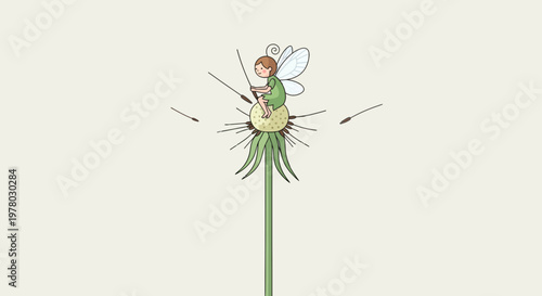 Cute fairy girl with wings sitting on dandelion flower seed head in cartoon illustration style on light cream background