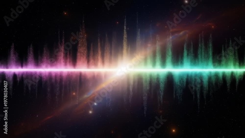 Abstract colorful sound wave visualization in dark space with stars and nebulae