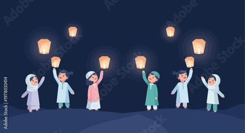 Group of happy children in traditional Muslim clothing releasing glowing sky lanterns at dusk in a vector illustration