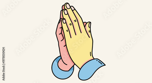 Hands clasped in prayer illustration with graphic black outline in trendy flat design; religious gesture of hope and faith concept