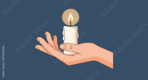 Hand holding a lit candle with dripping wax in a cartoon style vector illustration on dark blue background creating a soft glow