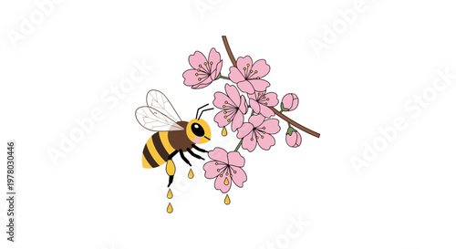 Honeybee gathering nectar from pink cherry blossoms on a branch in a whimsical cartoon style illustration for spring and nature themes