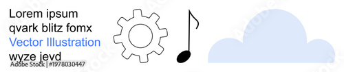 Technology, creativity, data storage, cloud computing, innovation, workflow. A gear, music note and cloud are displayed. Technology and creativity concepts highlighted through symbolic elements
