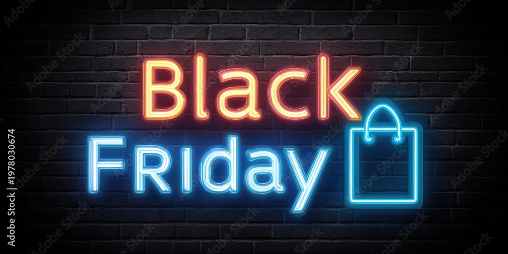 Fototapeta premium Black Friday Neon Sign Shopping Bag Brick Wall Dark Lighting