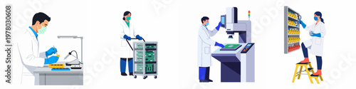 Electronics manufacturing and quality control scenes featuring technicians working with microchips, circuit boards, and automated machinery in a clean laboratory environment.
