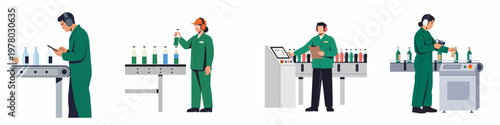 Set of industrial factory workers in green uniforms operating machinery and performing quality control on a bottling production line.