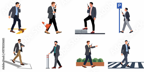 Collection of Flat Vector Illustrations of Businessmen or Security Personnel Using Walkie-Talkies in Various Urban and Street Scenarios