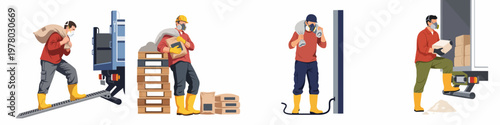 Vector illustration set of construction workers wearing protective gear and handling heavy bags of cement, loading trucks, and working at building sites.