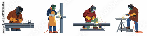 Collection of professional welders in protective gear performing various metalwork tasks with flying sparks, isolated on white background.