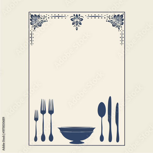 Tableware arrangement featuring bowl and cutlery frame.