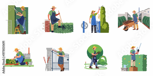 Illustrations of professional male gardeners performing various yard maintenance tasks including hedge trimming, raking, pruning, and garden care on a white background.
