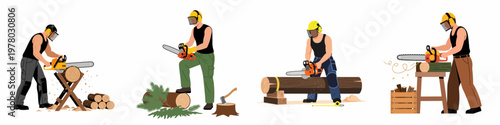 Professional Woodcutters Set Using Chainsaws to Cut Logs and Prepare Firewood with Protective Gear, Isolated Vector Illustration on White Background