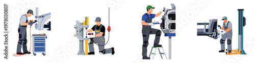 Set of flat vector illustrations featuring professional mechanics working in an industrial workshop, assembling and repairing heavy machinery parts using specialized tools.