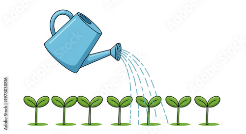 Watering can waters small green sprouts illustration in vector style on white backdrop symbolizing growth nurturing and the beginning of new life.