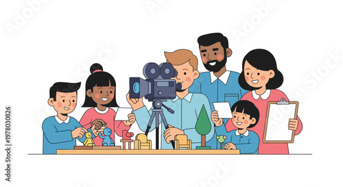 Animated family creating a stop motion film with toys and camera on tripod showcasing animation techniques and creative storytelling