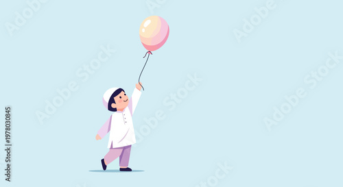 Young Muslim boy in traditional clothing holding pink balloon with light blue background vector illustration