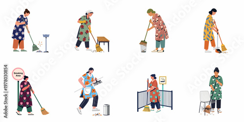 Vector illustration set of female cleaners in floral dresses sweeping cigarette butts in smoking areas and public spaces, isolated on white background.