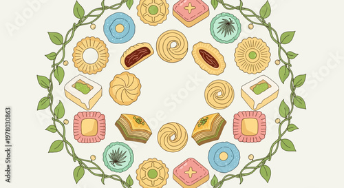 Assorted Middle Eastern sweets and pastries arrangement with vine wreath beige background overhead shot colorful traditional decorative delicious