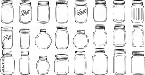 Detailed hand-drawn collection of various glass jars, including Ball mason jars and canning containers, in different shapes and sizes. Black and white line art sketch set of empty vintage jars.