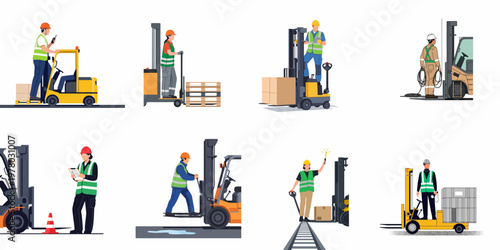 Collection of warehouse workers and forklift operators illustrating industrial logistics, material handling tasks, and occupational safety examples in a workplace environment.