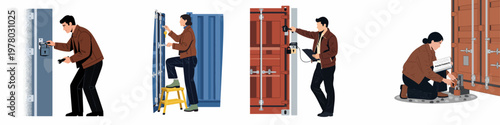 Illustrations of logistics workers performing security checks and maintenance tasks on shipping containers in a storage yard.