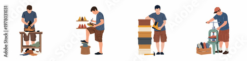 Set of flat illustrations depicting a male shoemaker working on various footwear, from crafting and polishing to packaging and using specialized tools.