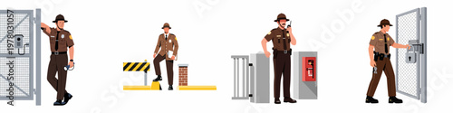 Set of security guard illustrations in various poses including monitoring gates, using walkie-talkie, and checking security barriers on white background.