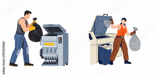 Illustration of waste management workers, a man and a woman, disposing of trash bags into industrial disposal machines and recycling units.