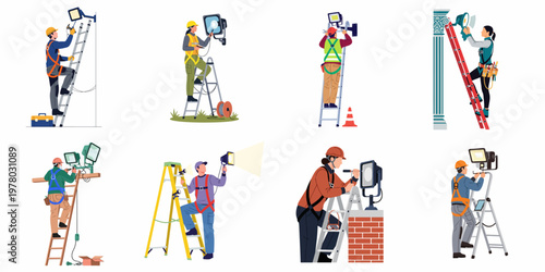 Professional electricians and technicians in safety gear installing and repairing outdoor floodlights using ladders, collection of flat vector illustrations.