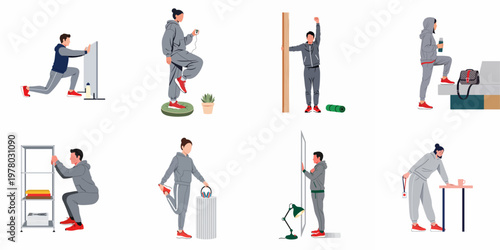 Collection of people in sportswear performing various home exercises and stretches in flat vector illustration style